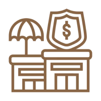 Store with umbrella and dollar shield icon.